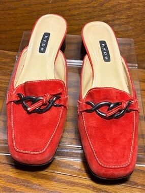 Y2K VTG Hype Spain Red Suede Chain Accent Square Toe Mule Loafers Size 7.5